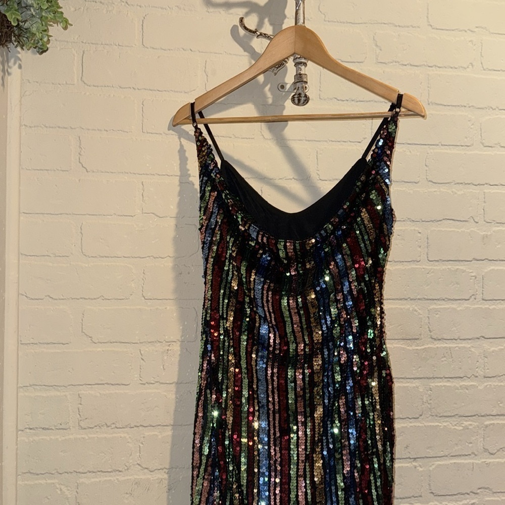 Bebe Rainbow dress Sequin Sheath cowl Draped Back small Stretchy Black NEW - Picture 3 of 6